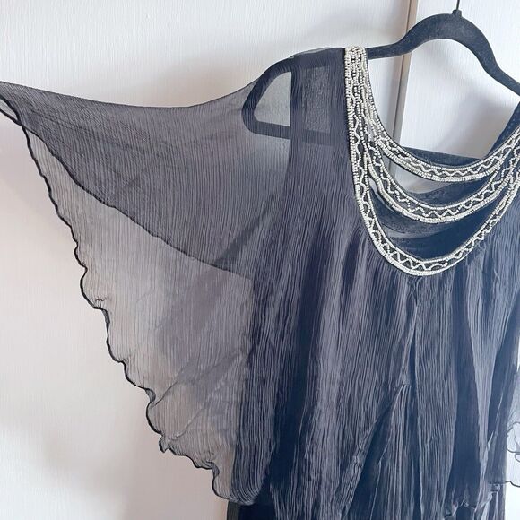 Free People Black Dress Size XS Handkerchief Hem Beaded Neckline Flowy Boho - Picture 8 of 8